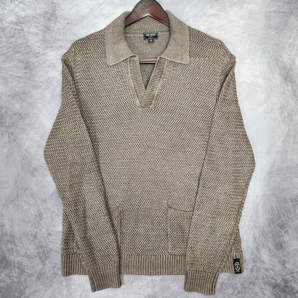 Todd Snyder 100% Linen Open Knit Polo Sweater Mens M Taupe Johnny Collar Pockets